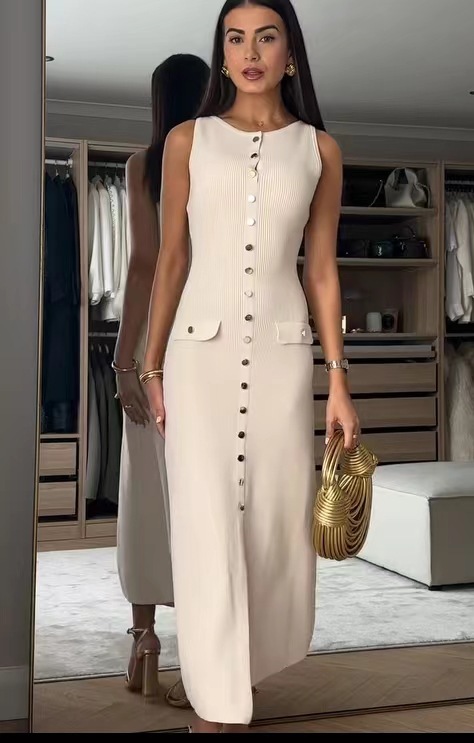Ärmelloses Schmales Strickkleid Mit Rundhalsausschnitt Damen_voghion.com