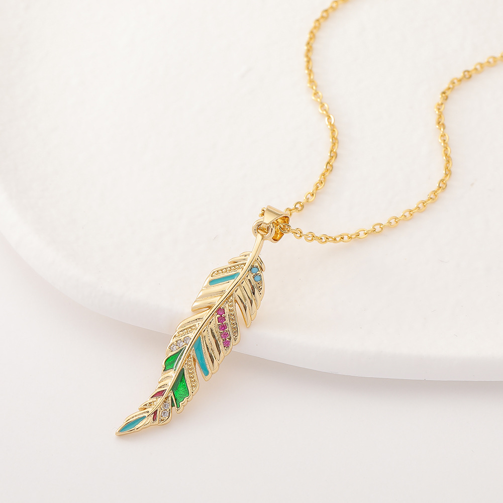 fashion copper micro-inlaid zircon pendant leaf feather necklace female