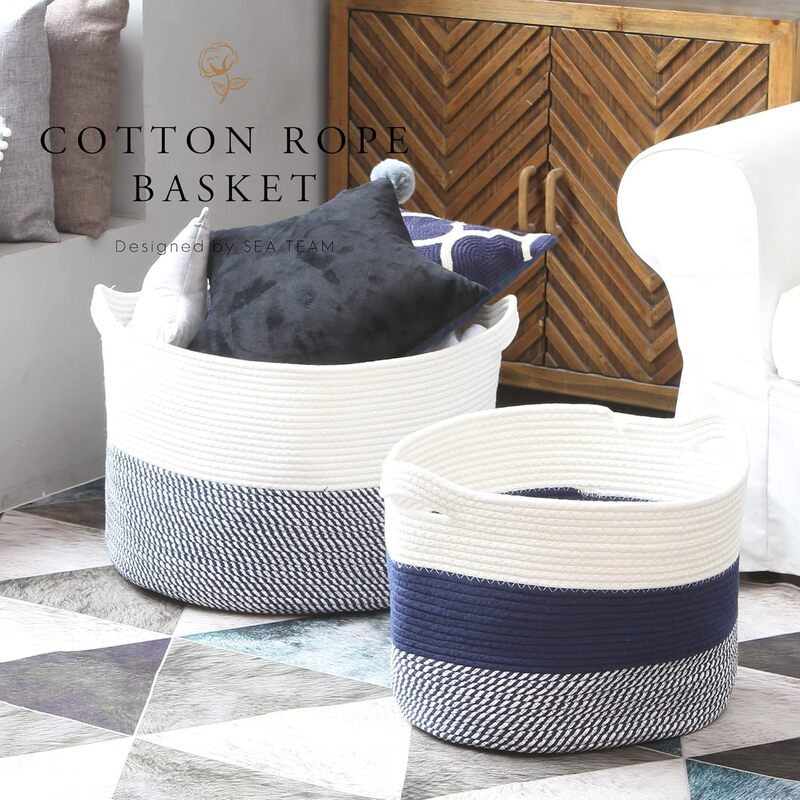 Oval Cotton Rope Woven Storage Basket with Handle Baby Bath Basket Mixed Color Navy Blue Bathroom Closet Storage Basket Oval Cotton Rope Woven Storage Basket with Handle Baby Bath Basket Mixed Color Navy Blue Bathroom Closet Storage Basket