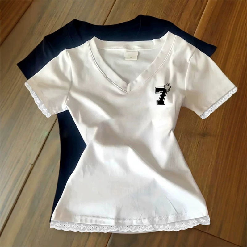 Short-Sleeved T-Shirt for Women, Summer Thin Style, V-Neck, Lace Trim, Waist-Cinching, Slim Fit, Casual and Versatile Top Short-Sleeved T-Shirt for Women, Summer Thin Style, V-Neck, Lace Trim, Waist-Cinching, Slim Fit, Casual and Versatile Top