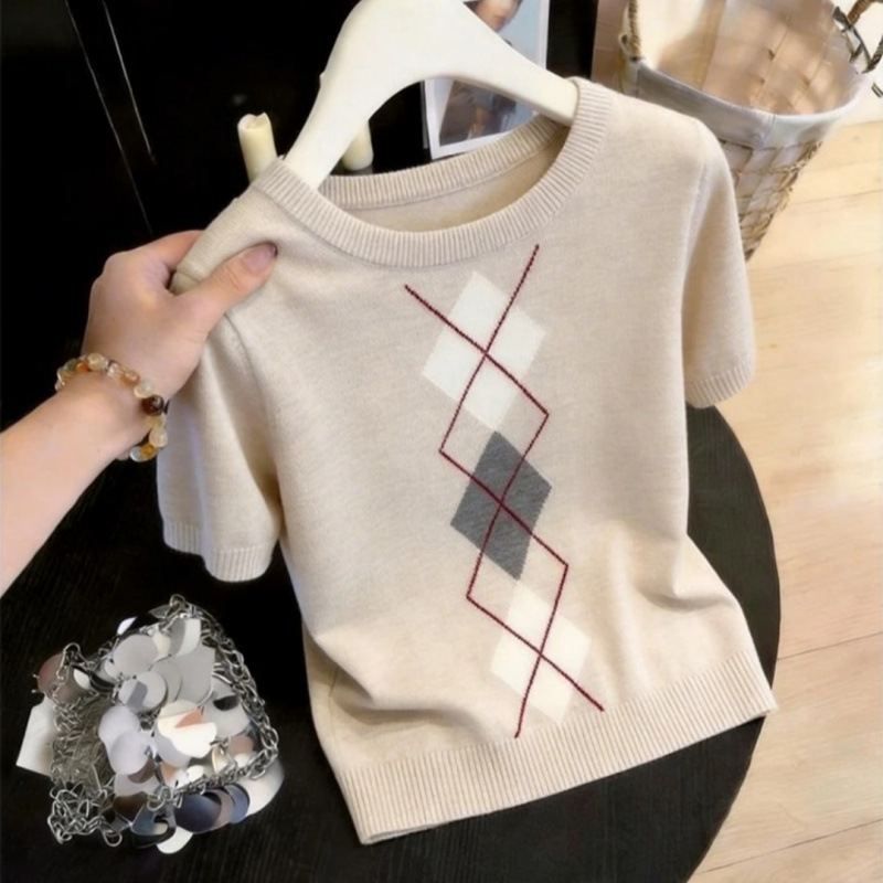 French-Style Color-Blocked Jacquard Short-Sleeve Knit Top for Women, 2026 Spring/Summer, Plus-Size, Slimming Design Top