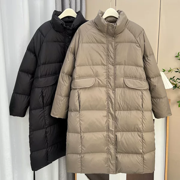 220kg fat girl winter simple long stand collar down jacket plus size women's warm solid color coat 2083