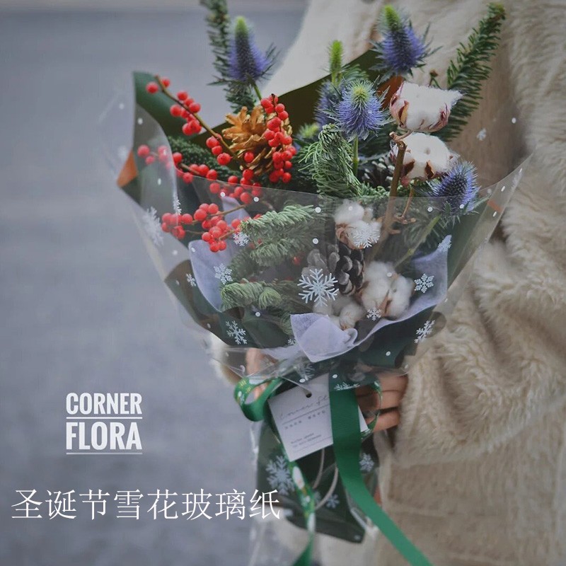 圣诞节雪花玻璃纸透明diy圣诞苹果花束包装纸材料加厚opp防水纸
