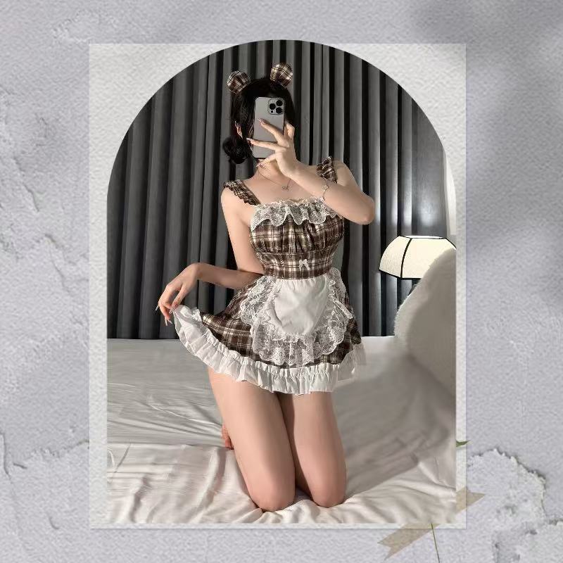 Maid Roleplay Costume Set with Plaid Dress and White Tights, One Size Polyester — detail image 2