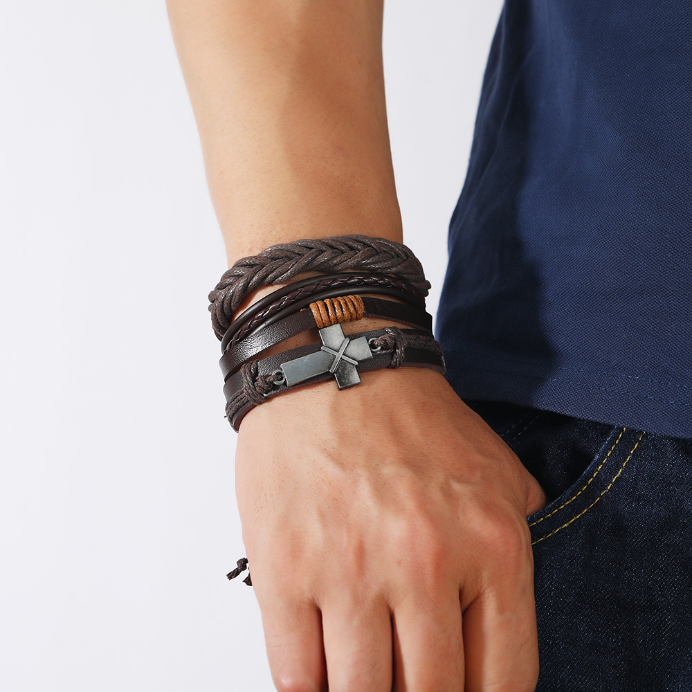 Hip-Hop Cross Letter Skull Pu Leather Alloy Menu0027S Bangle 1 Set