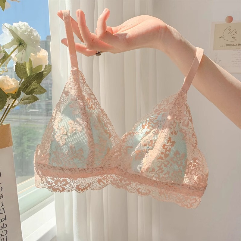 French Style Summer Ultra-thin Big Chest Small Bra Underwear Women's Small Chest Gathering Non-steel Ring Triangle Cup Bra suit