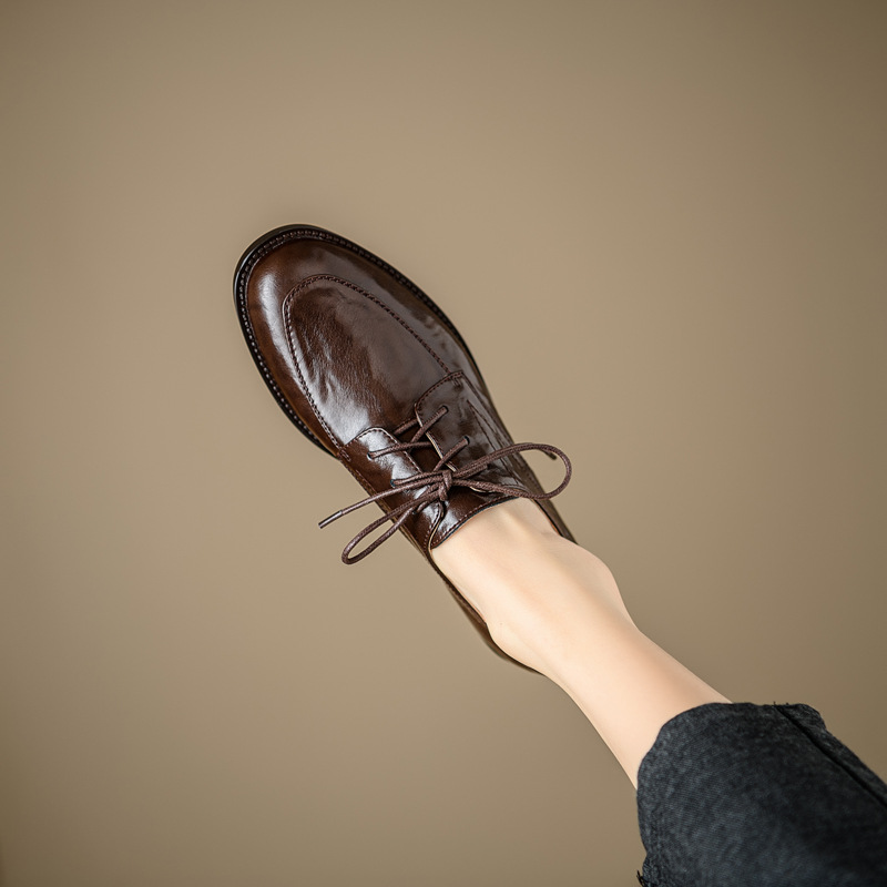 Britischer Retro Schnürschuh Aus Leder Mit Niedrigem Blockabsatz_voghion.com