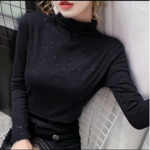 Women's sequined turtleneck base layer top, versatile winter slim fit, warm inner layer, plus size top
