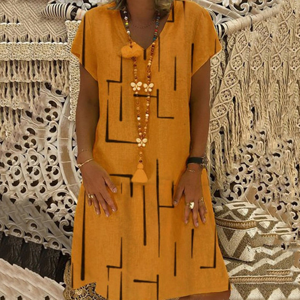 Damen-Kleiderlinie, einfarbig, lockerer, kurzärmliger Rock mit V-Ausschnitt_voghion.com