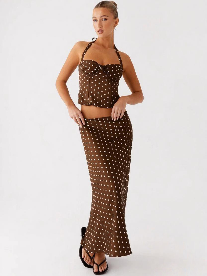 2025 European and American Women's Summer New Polka Dot Fashion Sexy Backless V-Neck Halterneck Suspender High-Waisted Long Skirt Two-Piece Set 2