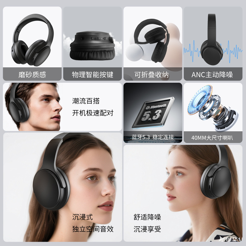 国境を越えた人気のヘッドマウントワイヤレス音楽 Bluetooth ヘッドセット折りたたみ式シンプルな高度な ANC アクティブノイズキャンセリングヘッドセット|undefined