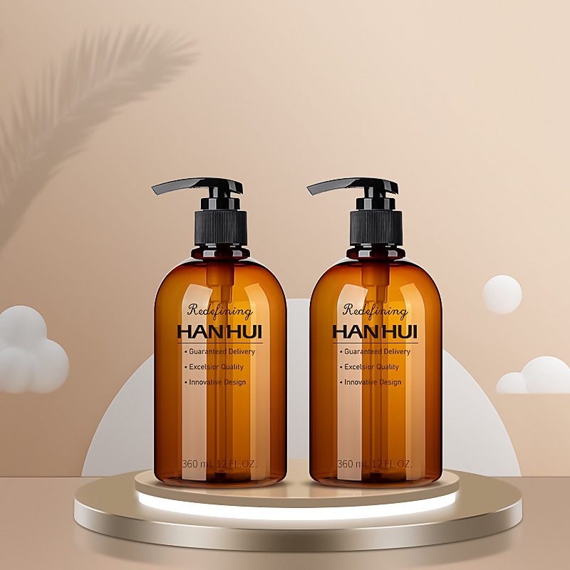 透明350ml矮胖磨砂圆瓶茶色洗发水沐浴露带环瓶子pet塑料瓶批发