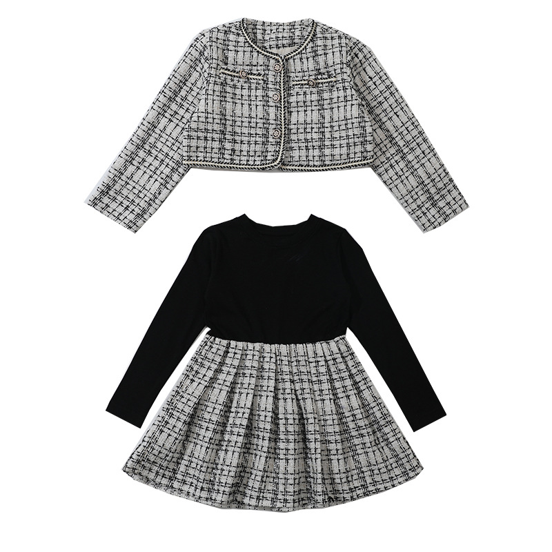 Conjunto de dos piezas para niñas vestido con hilo brillante, estilo pequeño y elegante – moda primavera-otoño 2024.