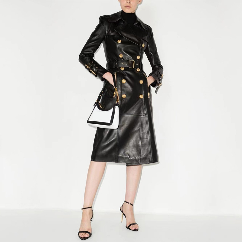 2023 Autumn/Winter Runway Style Ultra-Heavy Pu Leather Elegant Trench Coat with Belted Waist and Over-The-Knee Design, Trendy Cross-Border Internet Celebrity Fashion 2023 Autumn/Winter Runway Style Ultra-Heavy Pu Leather Elegant Trench Coat with Belted Waist and Over-The-Knee Design, Trendy Cross-Border Internet Celebrity Fashion