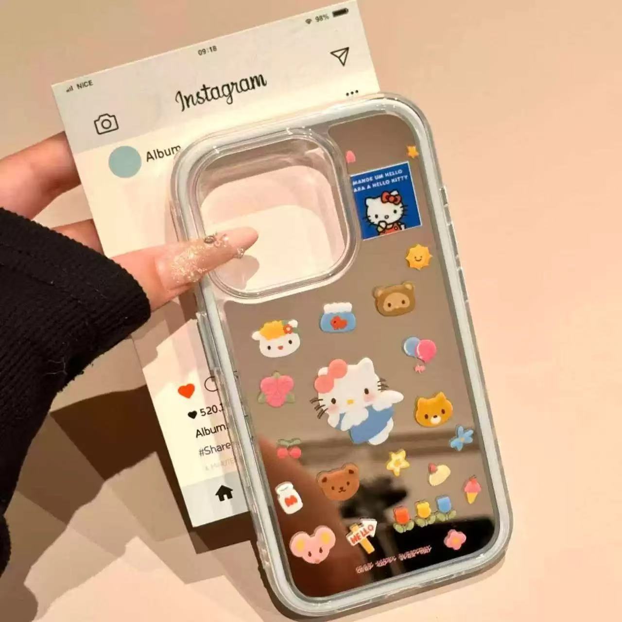 Dibujos animados lindo espejo KT gato para Apple 16proMax funda para teléfono móvil 15Pro chica 14/13 colgante 15PM