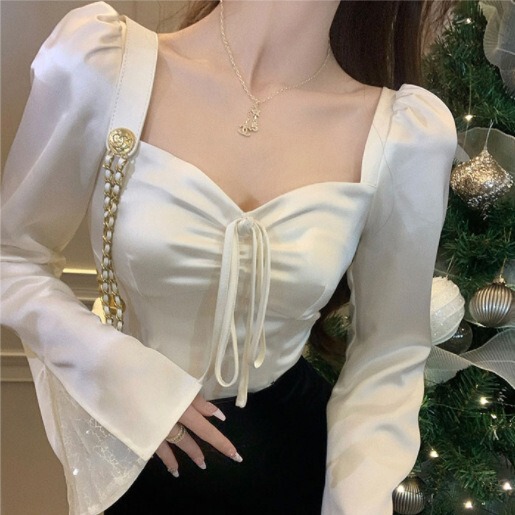 Temperament Square Neck Satin Bell Sleeve Spliced Lace Long Sleeve Shirt Women's 2024 New Slim Short Sexy Top
