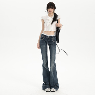 Orange Silk Women's Clothing # Retro Low-Waist Bootcut Jeans for Women Summer Washed Cat Claw Hot Girl Slim Stretch Flared Pants