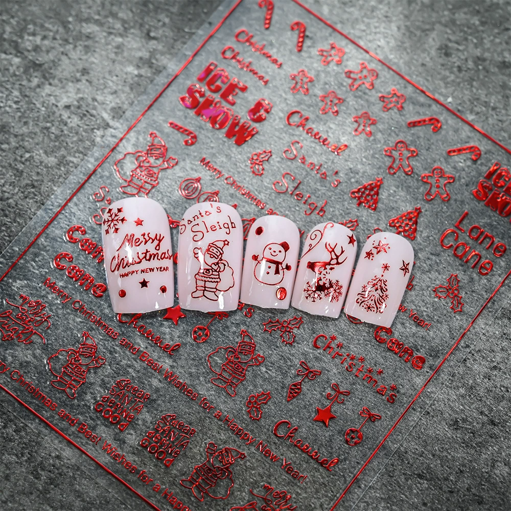 Лазерные красные наклейки для ногтей на Рождество, водонепроницаемые наклейки для ногтей с клейкой основой, красные наклейки для ногтей с оленями и снежинками на Рождество