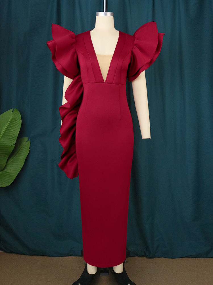 Women's Clothing deep V sexy low cut dress plus size ruffled banquet dress _voghion.com