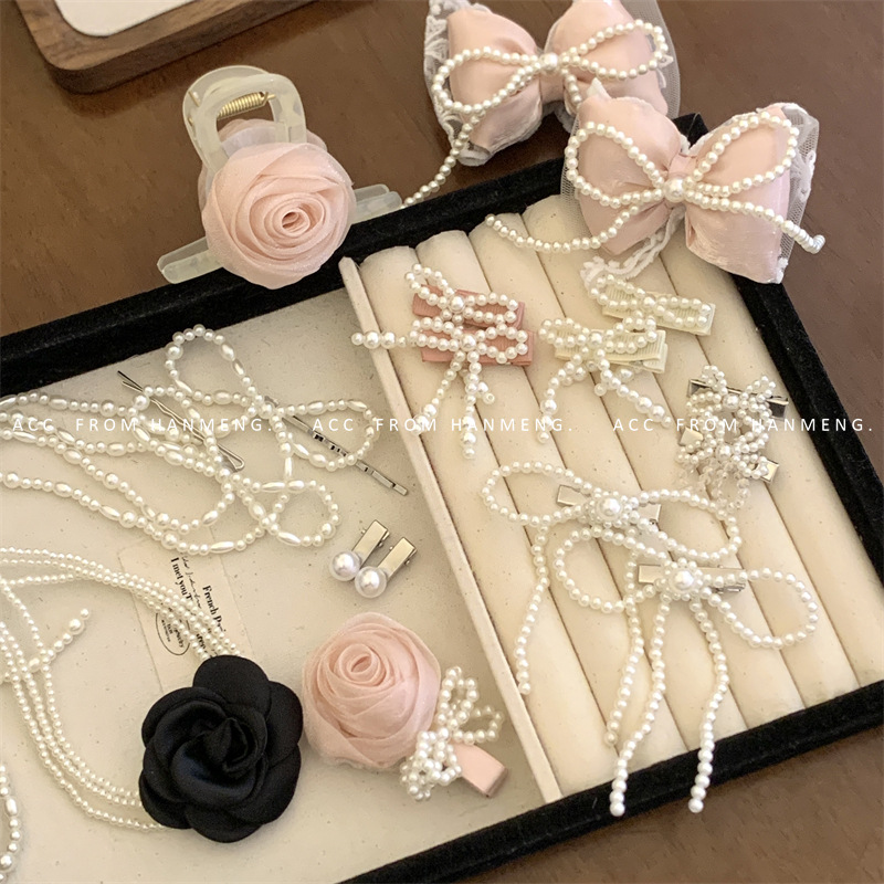 甜美少女法式复古珍珠玫瑰网纱发夹超仙流苏发卡抓夹项链颈链饰品