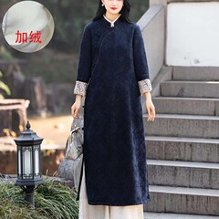 2025冬款亚麻混纺提花新中式绣花盘扣立领女式加长款加绒连衣裙