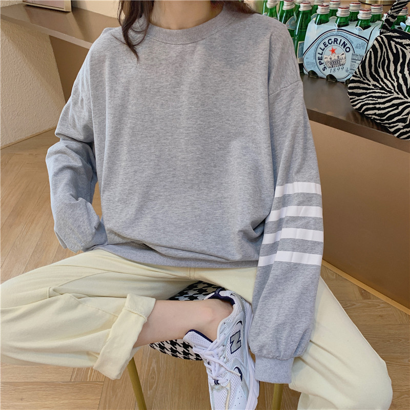 ins拉条四条杠长袖加绒卫衣女新款学生潮外套上圆领宽松衣服女潮