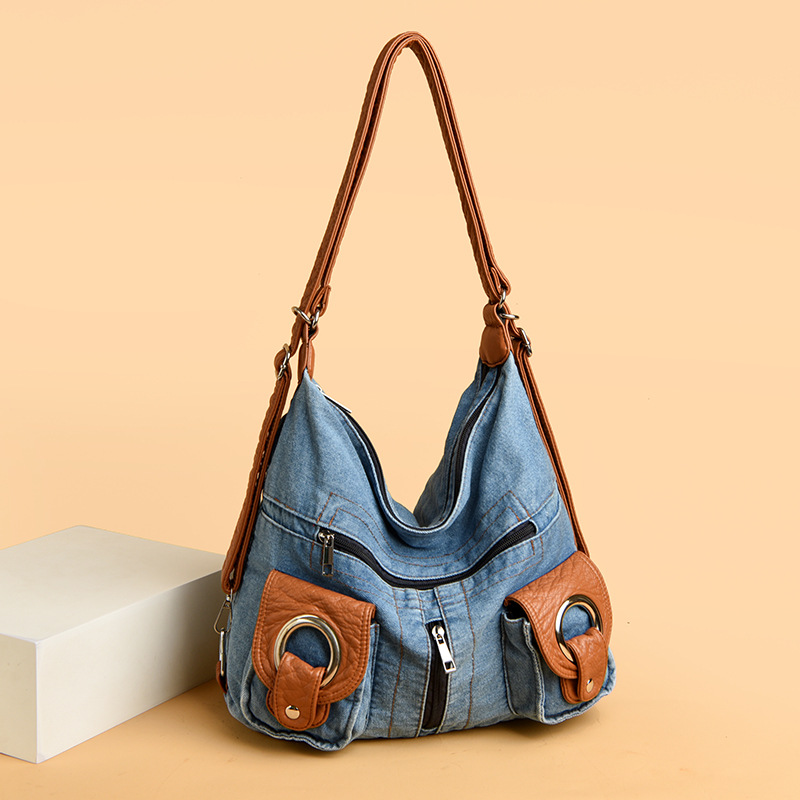 Cross-Border Women's Denim Backpack Original Niche Casual Motorcycle Commuter Bag Crossbody Canvas Bag Design - Thumbnail 2