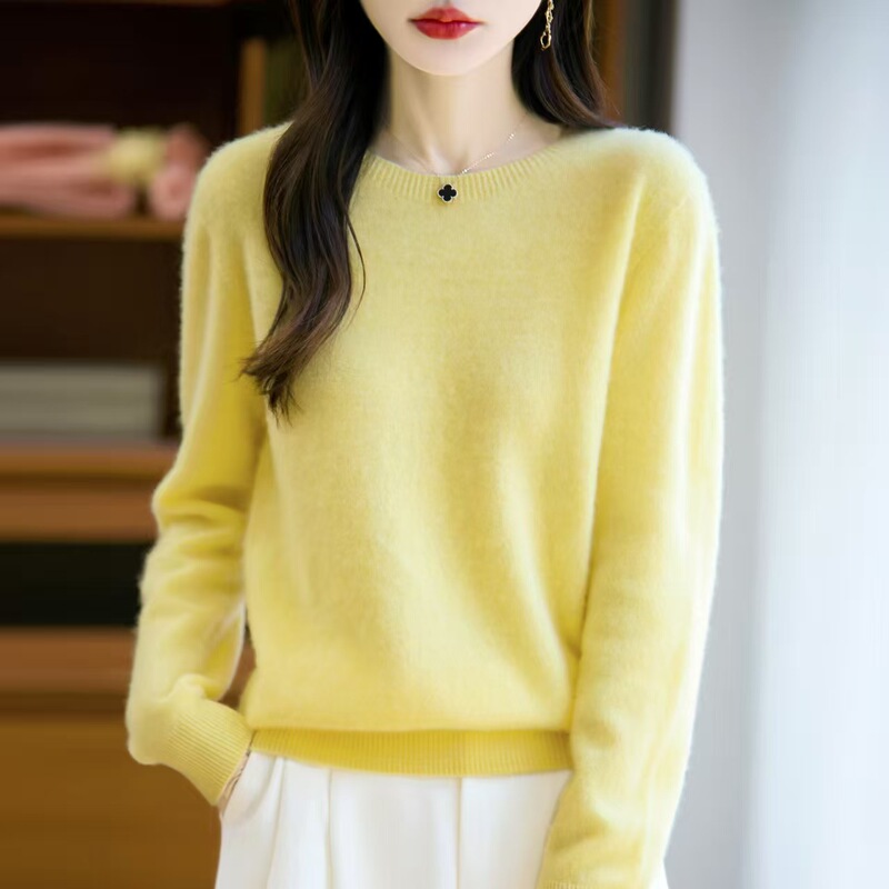 Dropshipping - Autumn and Winter First-Line Ready-To-Wear Pure Wool Sweater Women's Round Neck Knitted Bottoming Soft and Waxy Loose Long-Sleeved Sweater