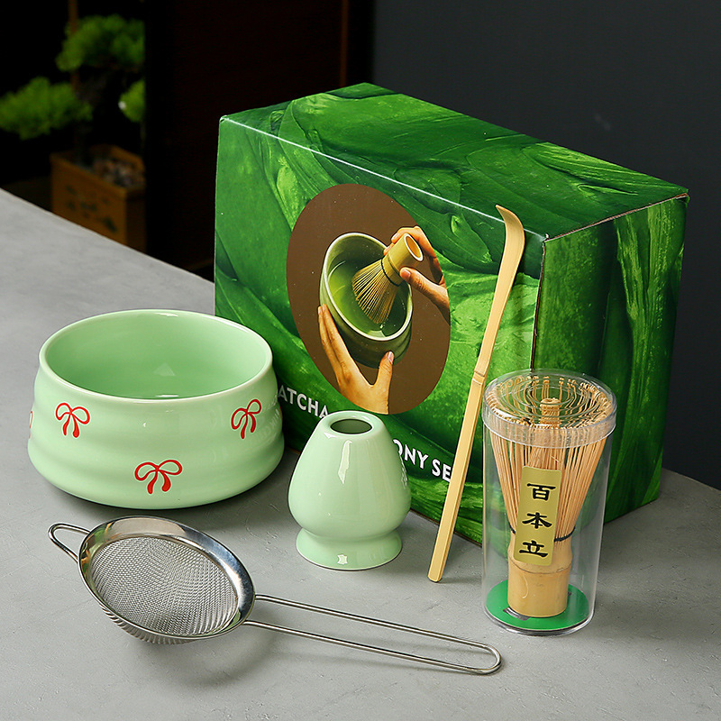 跨境抹茶碗套装樱桃蝴蝶结心形图案花纸陶瓷百本立茶筅点茶系列|undefined
