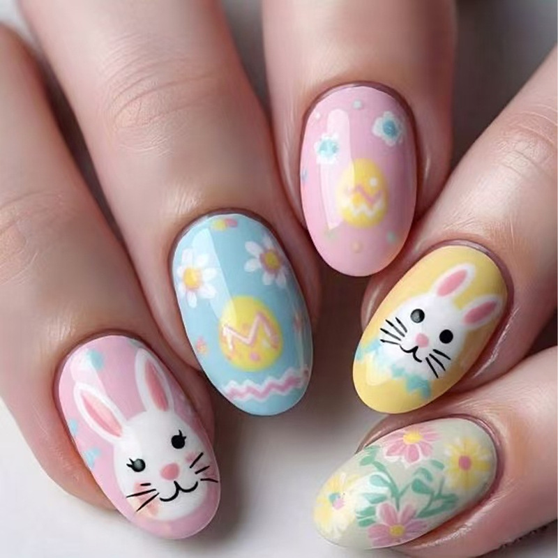 Easter Short Oval Cute Egg Bunny Design Fashionable Wearable Nails Nail Art Fake Nail Stickers Cross-Border