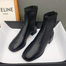 跟百搭2021年网红马丁靴女单靴短靴中瘦瘦靴春秋子粗跟鞋子女新款