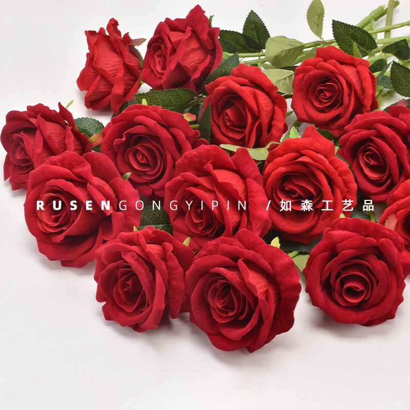 Simulated Velvet Rose Single Fake Flower Artificial Flower Wedding Home Valentine's Day Decoration High-End Bouquet Wall
