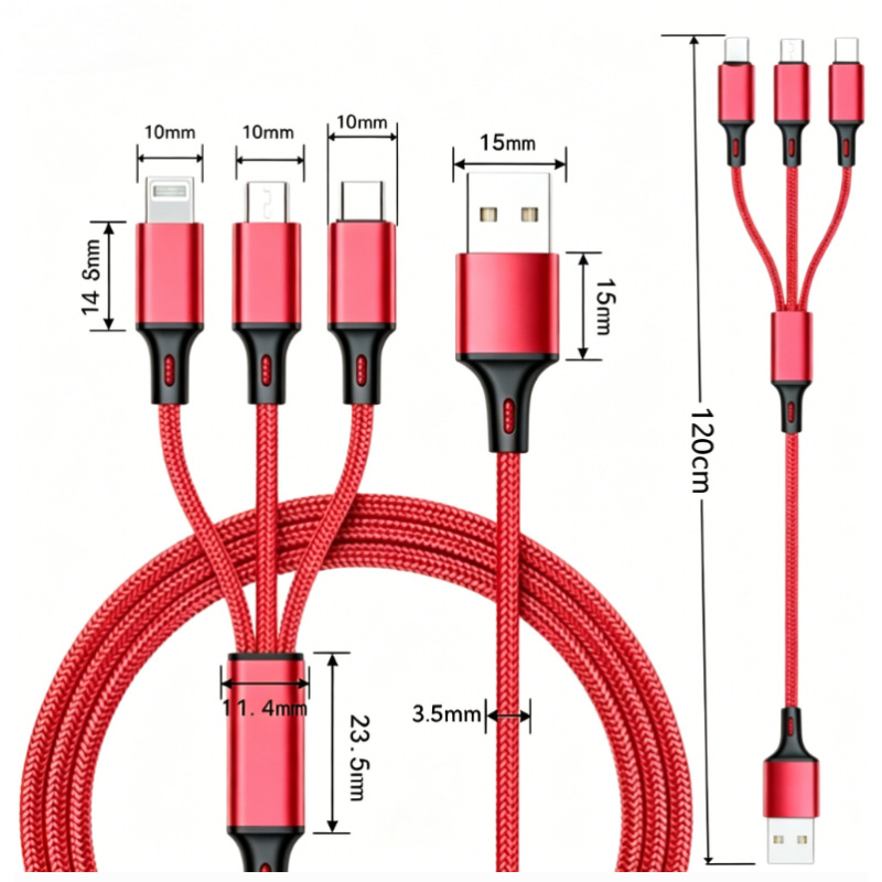 One-To-Three Data Cable Suitable for Apple, Android, and Type-C, Three-In-One 1.2m Pd Fast Charging Braided Anti-Tensile Charging Cable