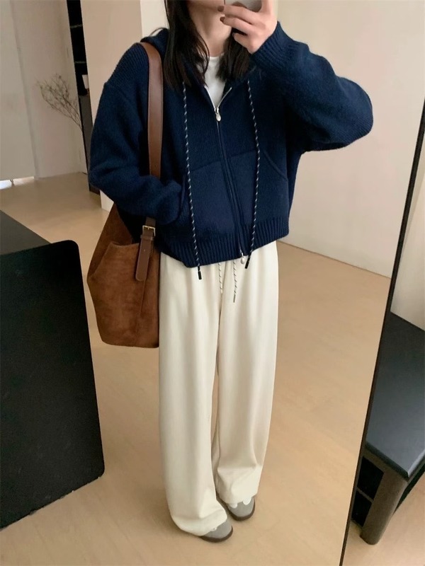 气质休闲连帽加厚短款开衫2025秋冬新款韩版淑女风显瘦上衣针织衫|undefined