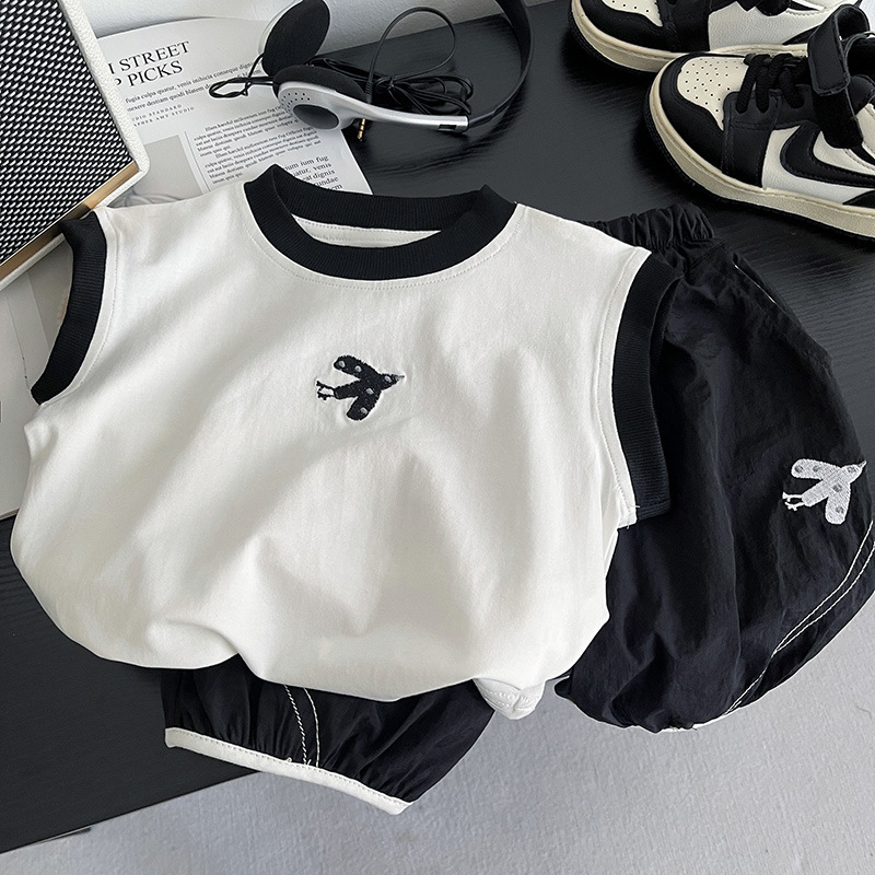 Boys' Summer Vest Set 2026 New Cartoon Embroidered Sleeveless T-Shirt Baby Korean Style Drawstring Fashion Shorts