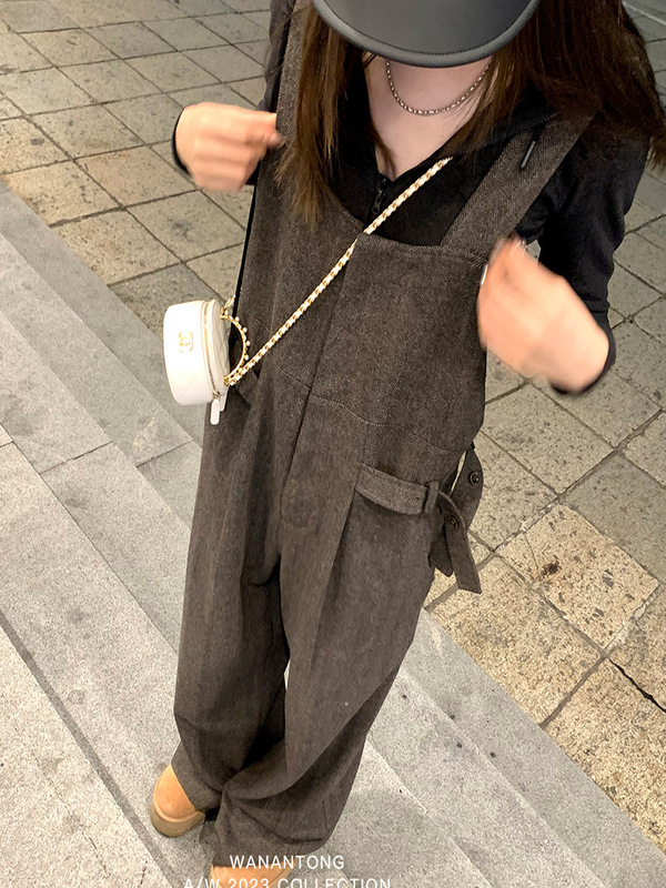 WANANTONG 小众私服UMA 自带时髦感仿羊毛人字纹背带裤休闲裤女秋|undefined