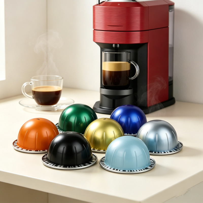 Compatible with Nespresso Vertuo coffee capsules, these are self-adhesive coffee capsule shells for filling with coffee grounds