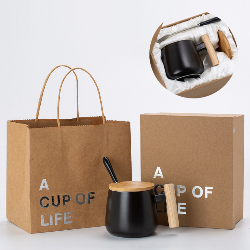 Mango de madera sólida taza de cerámica taza de café taza de agua con tapa cuchara publicidad impresa LOGO regalos