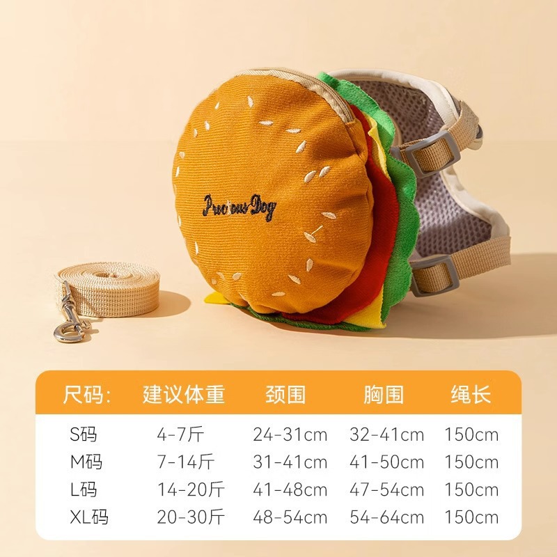Perro lindo hamburguesa papas fritas mochila correa para mascotas correa de pecho perro caminando cuerda gato caminando cuerda