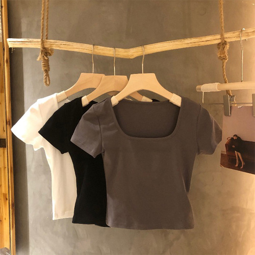 Cotton Short Sleeve T-Shirt for Women - Summer 2025, Design-Oriented, Niche, Base Layer, High-Waisted, Short Style, Square Collar Top for Layering