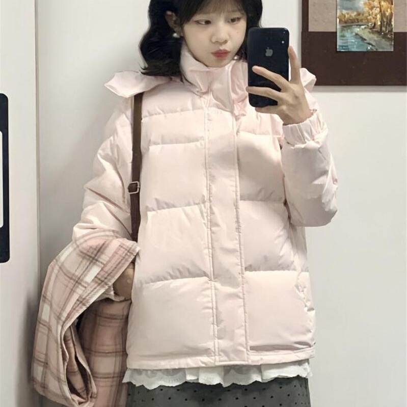 Japanese-Style College Retro Light Pink Hooded down Jacket for Female Students, Winter Thickened Warm Puffer Jacket Trendy