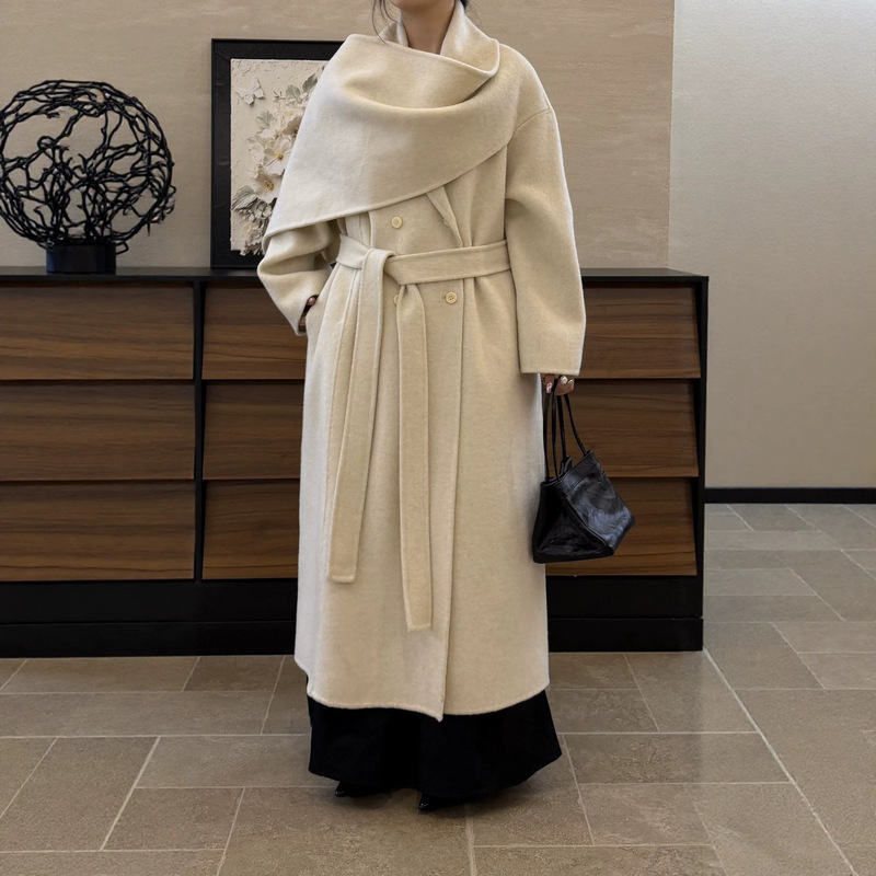 Elegant double-faced wool coat for women, autumn and winter, with a stylish tie design, long length, and a double-faced wool fabric that extends past the knees Elegant double-faced wool coat for women, autumn and winter, with a stylish tie design, long length, and a double-faced wool fabric that extends past the knees
