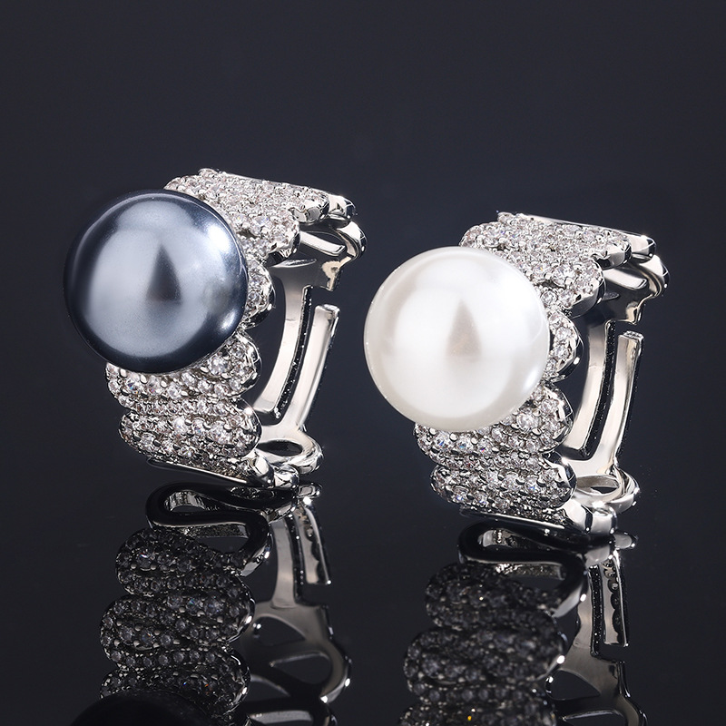 2023 nuevo estilo Zhuang Sheng joyería de cobre Chapado en platino nueva fila anillo perla temperamento personalidad anillo de las mujeres 12mm