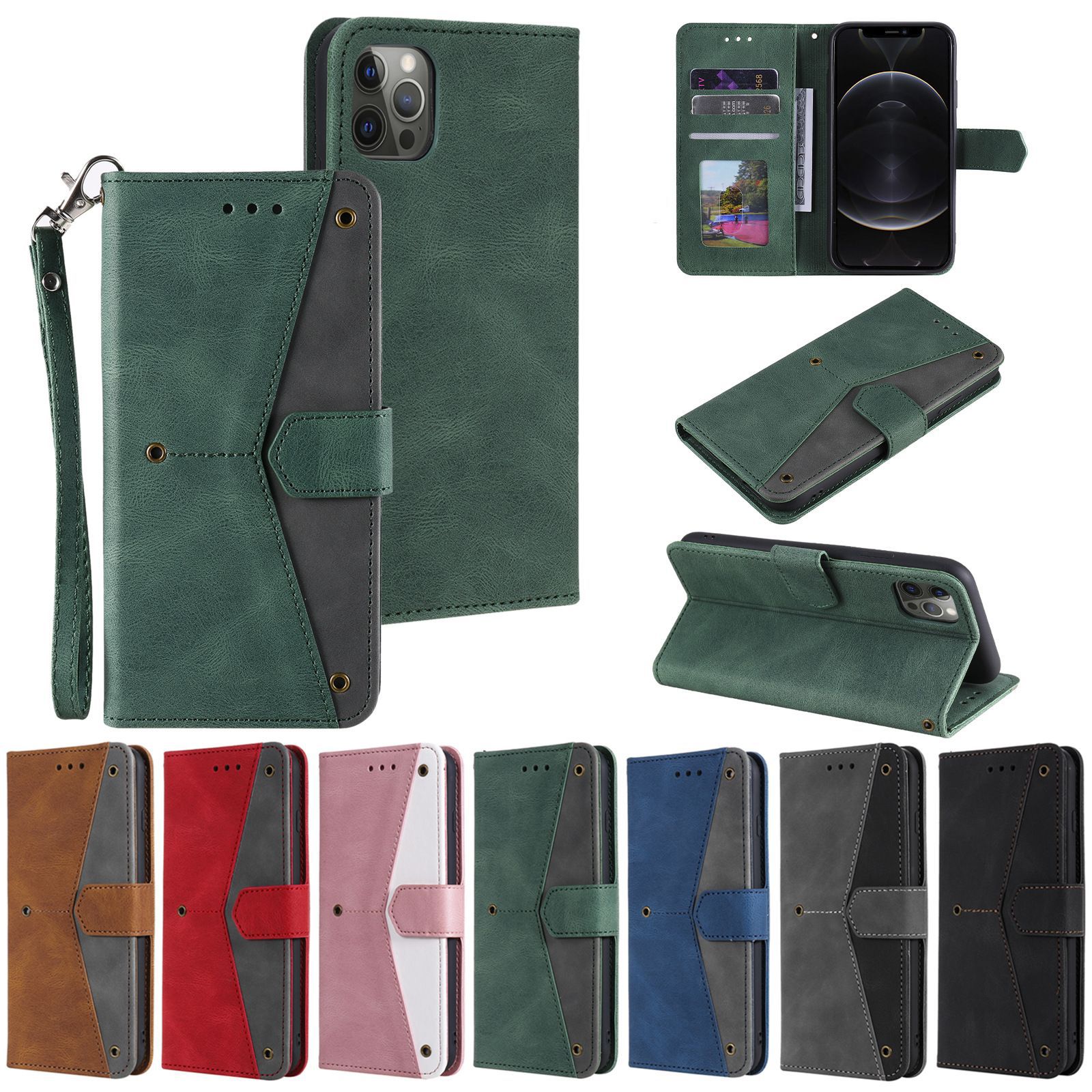 Suitable for iPhone 15 PRO collision nail splicing card insertion wallet flip leather Samsung S24 anti drop phone case_voghion.com