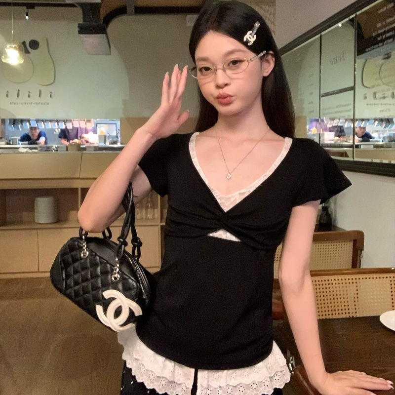 Korean Style Pure Desire Lace Splicing V-Neck Twist Fake Two-Piece Short-Sleeve T-Shirt for Women 2026 Summer New Base Shirt Top Korean Style Pure Desire Lace Splicing V-Neck Twist Fake Two-Piece Short-Sleeve T-Shirt for Women 2026 Summer New Base Shirt Top