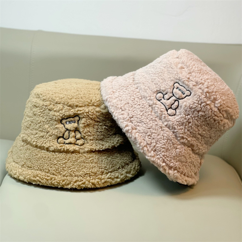 Cute Lamb Velvet Letter Little Bear Embroidered Fisherman Hat Women's Autumn and Winter Temperament Versatile Trendy Warm Pot Hat_voghion.com