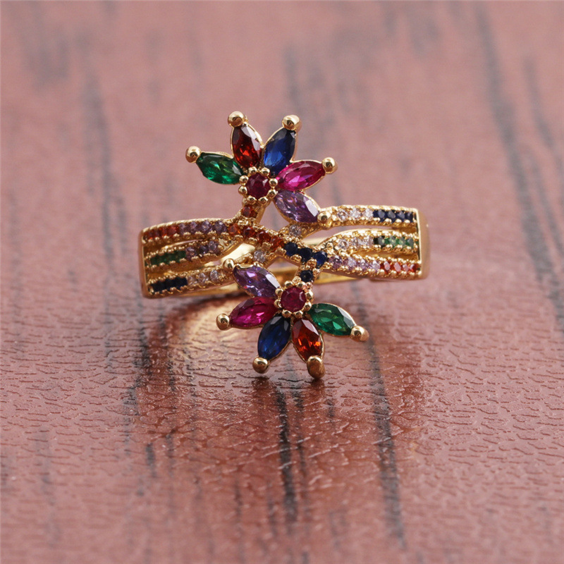 Wholesale Jewelry Fashion Rainbow Leaf Copper Micro-inlaid Zirconium Ring Nihaojewelry display picture 4