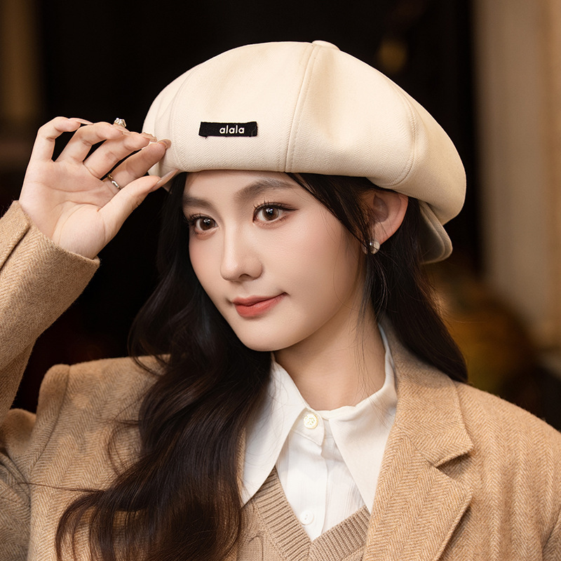 新款显脸小平顶鸭舌帽英伦风秋冬女士鸭舌帽八角帽女贝雷报童帽子|undefined