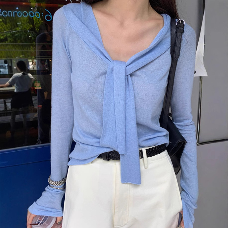 [Autumn Atmosphere] Elegant Wool Niche Gentle Big Round Neck Shoulder Top Niche Lace-up Long Sleeve Knit