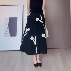 黑色立体花朵半身裙女秋季2025流行新款高腰时尚显瘦高级感a字裙
